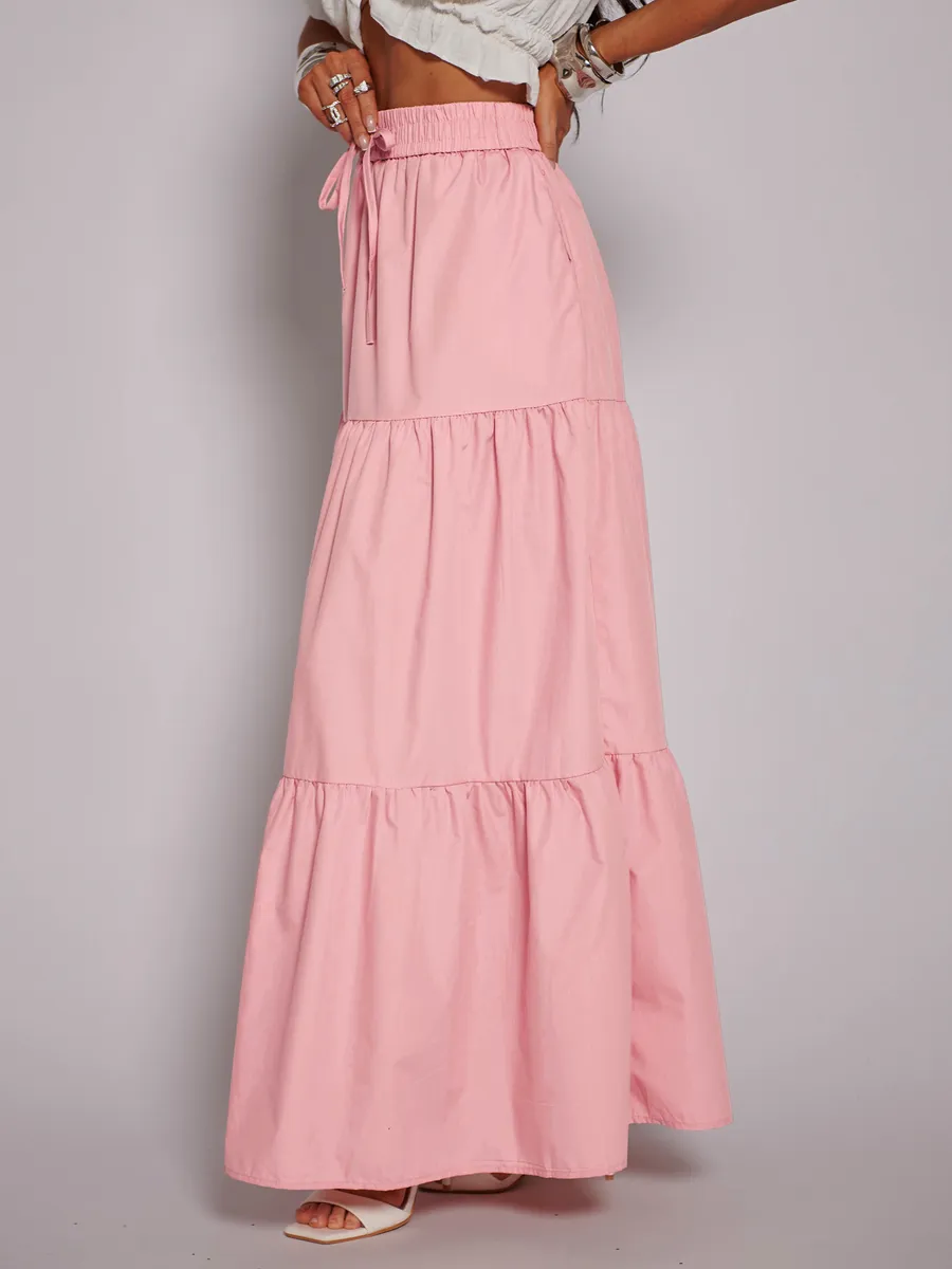 Пудровая длинная летняя юбка макси