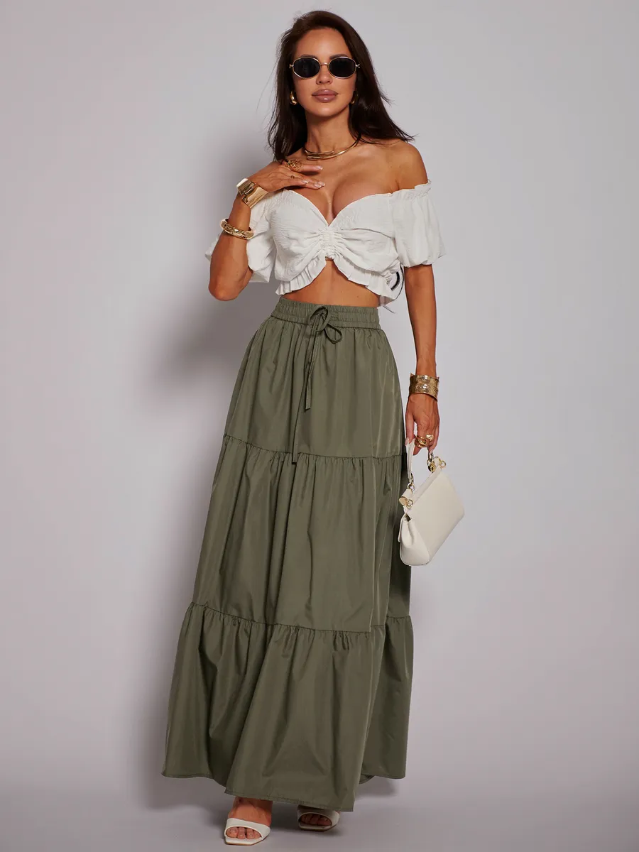 Хаки длинная летняя юбка макси