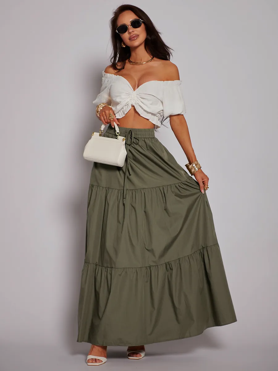 Хаки длинная летняя юбка макси