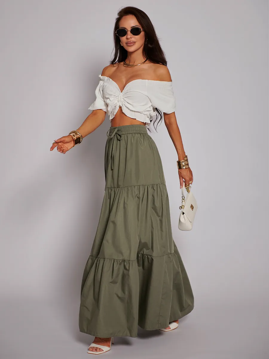 Хаки длинная летняя юбка макси