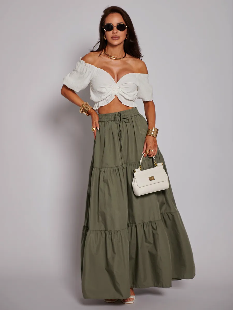 Хаки длинная летняя юбка макси