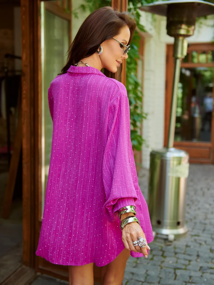 Фуксия нарядная рубашка оверсайз со стразами