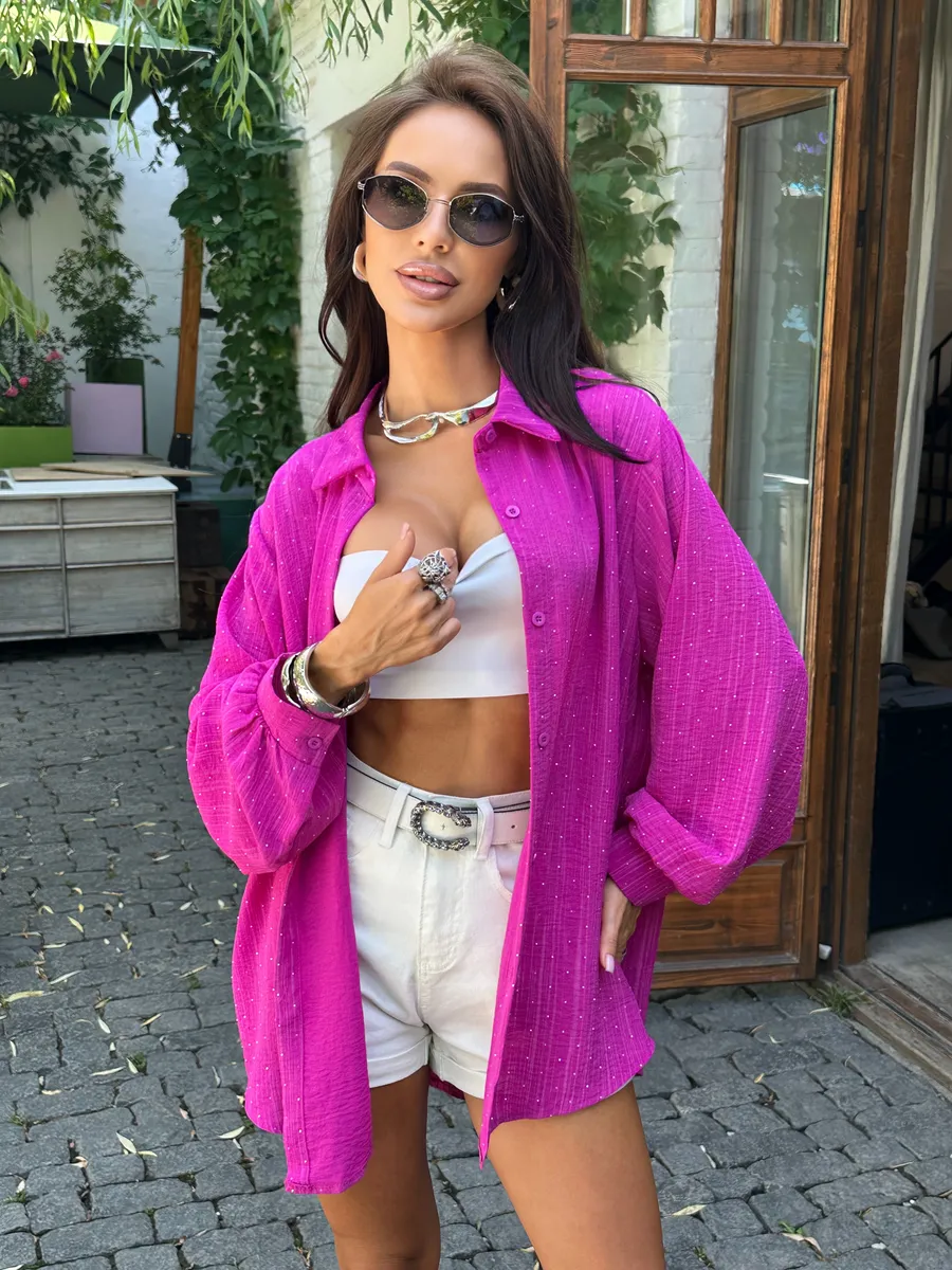 Фуксия нарядная рубашка оверсайз со стразами