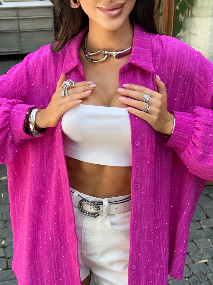 Фуксия нарядная рубашка оверсайз со стразами
