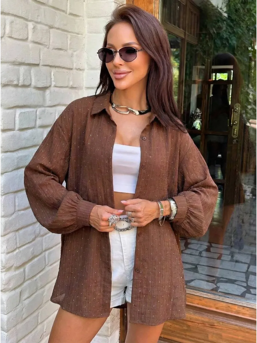 Коричневая нарядная рубашка оверсайз со стразами