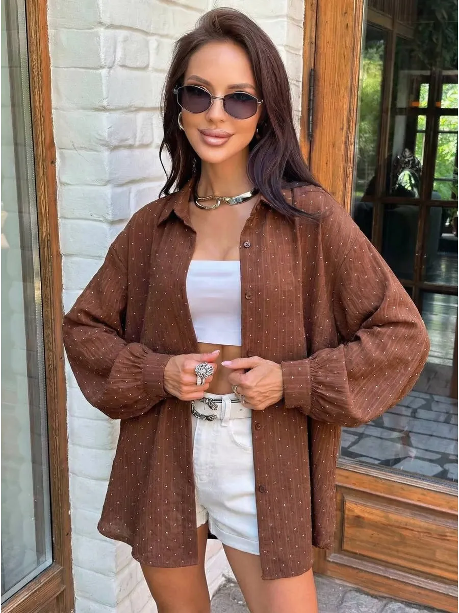 Коричневая нарядная рубашка оверсайз со стразами