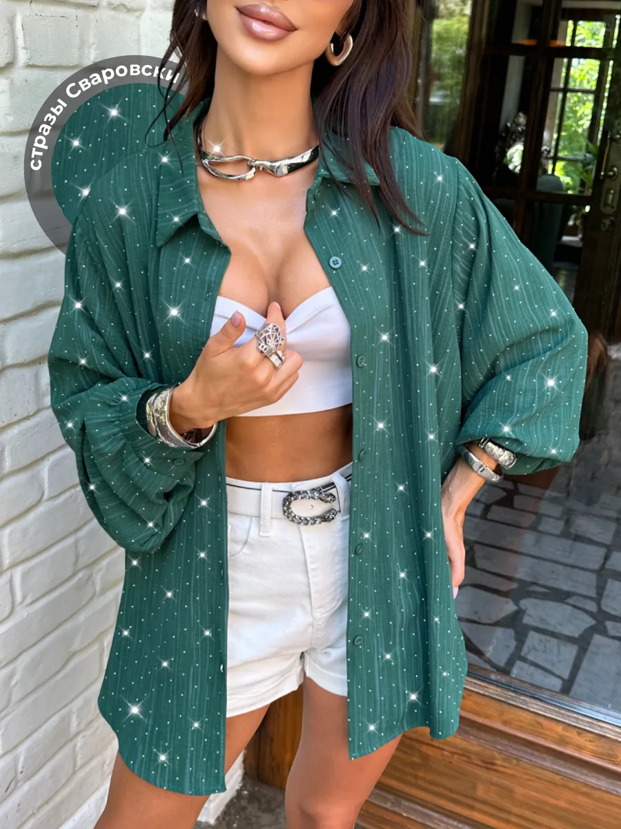 Зеленая нарядная рубашка оверсайз со стразами