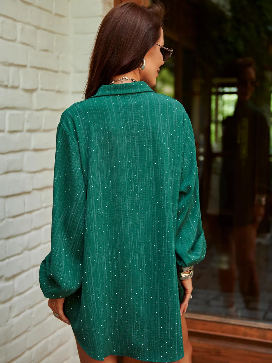 Зеленая нарядная рубашка оверсайз со стразами