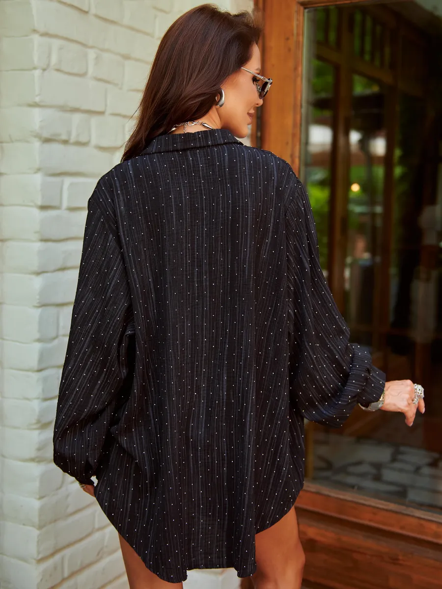 Черная нарядная рубашка оверсайз со стразами