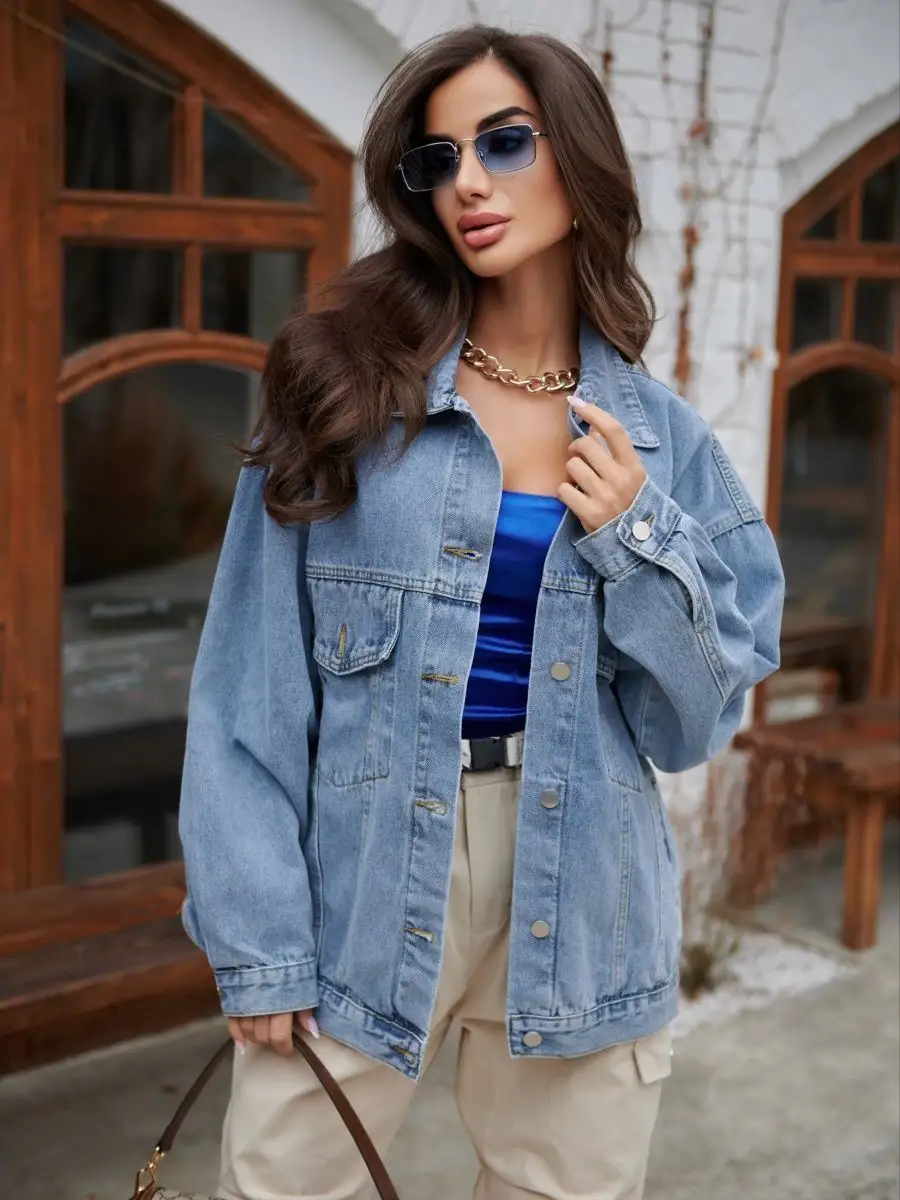 Синяя куртка джинсовая женская оверсайз летняя бомбер джинсовка