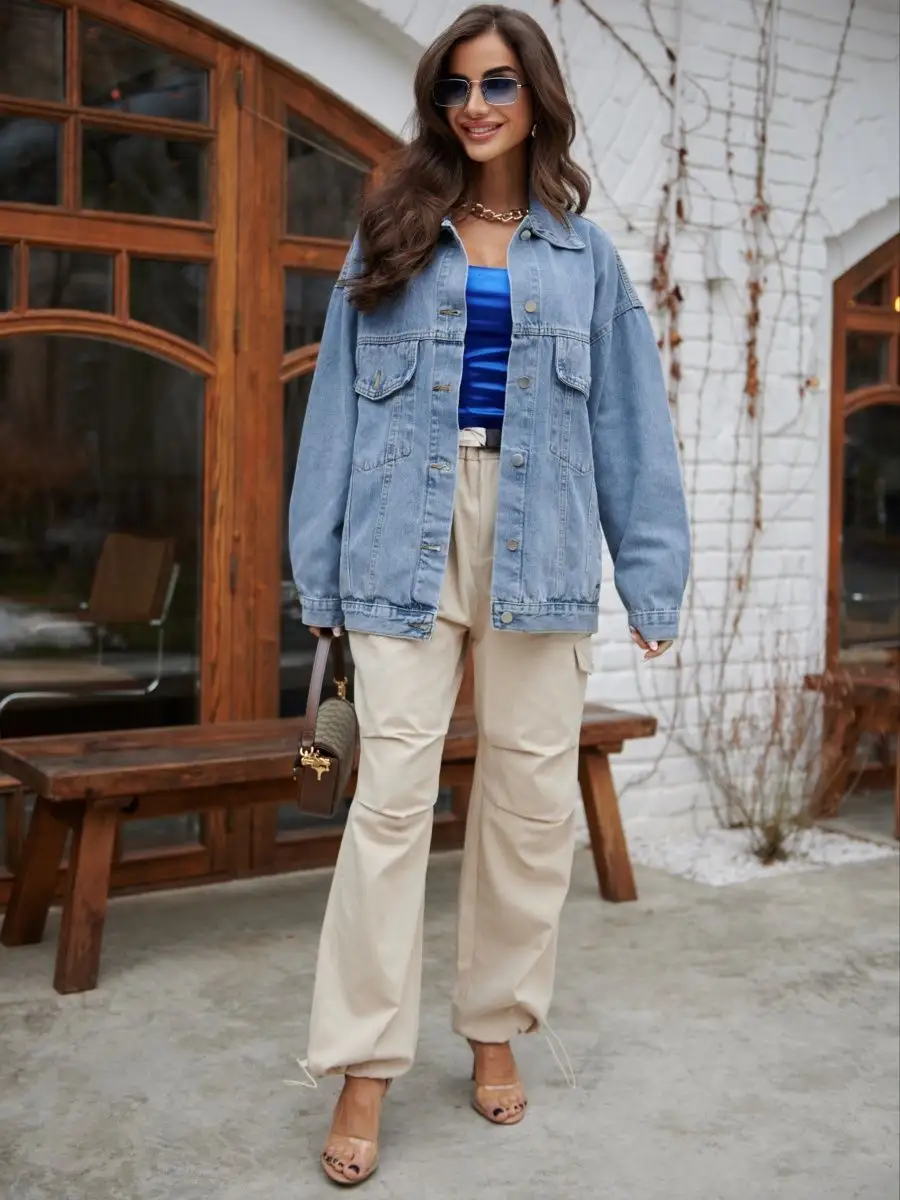 Синяя куртка джинсовая женская оверсайз летняя бомбер джинсовка