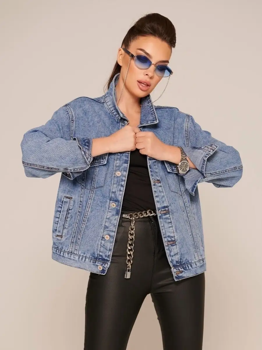 Синяя куртка джинсовая женская оверсайз летняя бомбер джинсовка