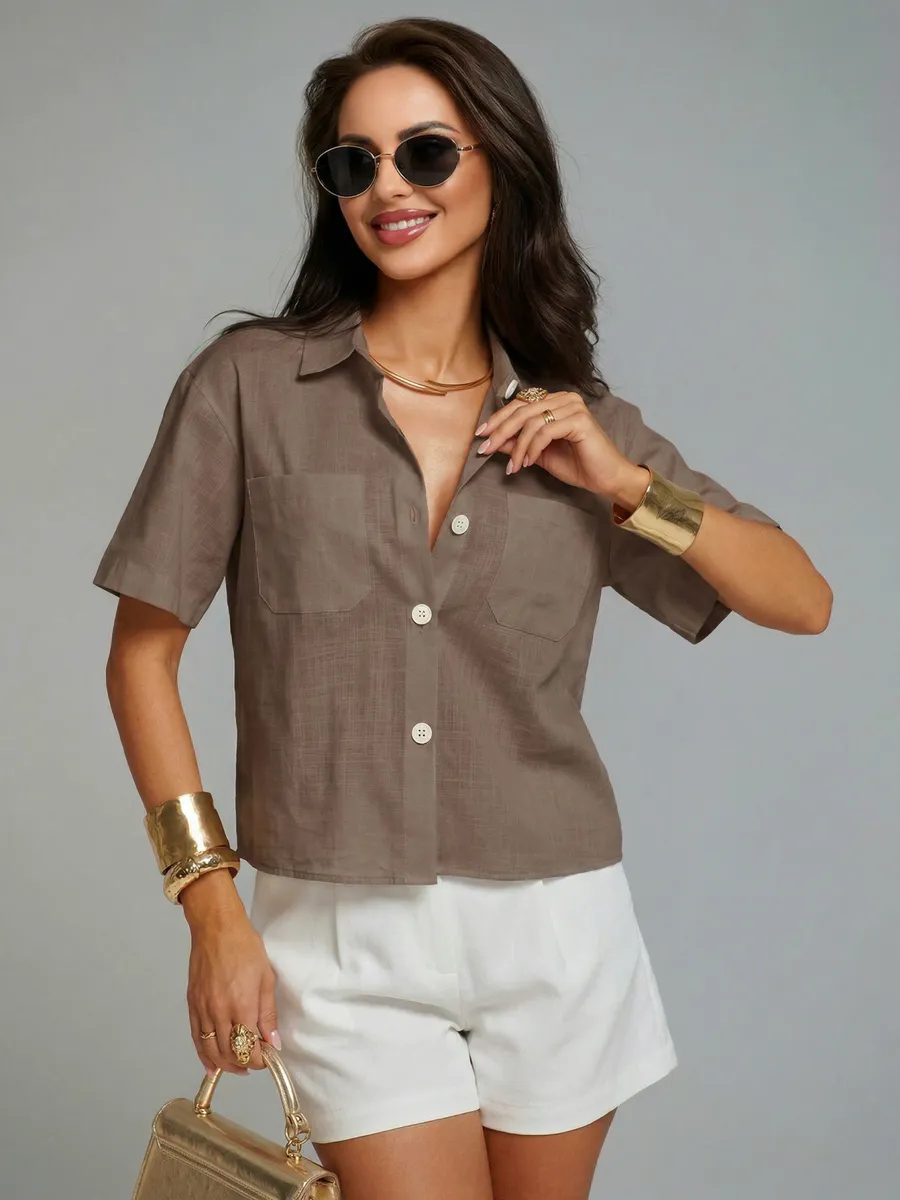 Коричневая офисная рубашка с коротким рукавом