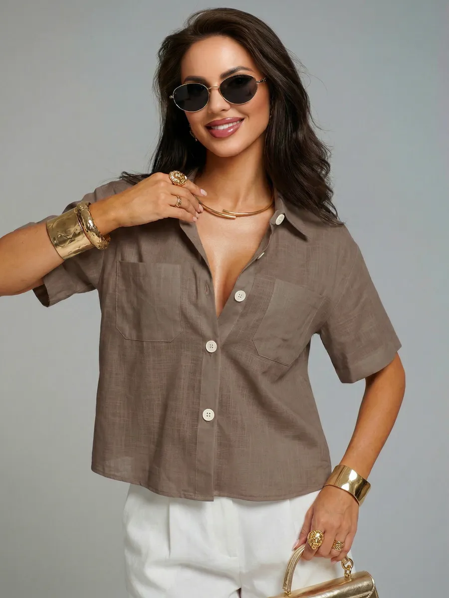 Коричневая офисная рубашка с коротким рукавом