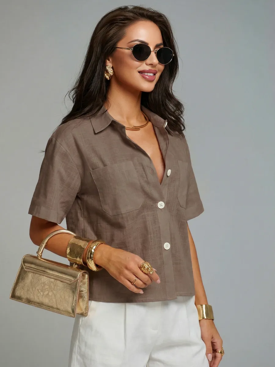 Коричневая офисная рубашка с коротким рукавом