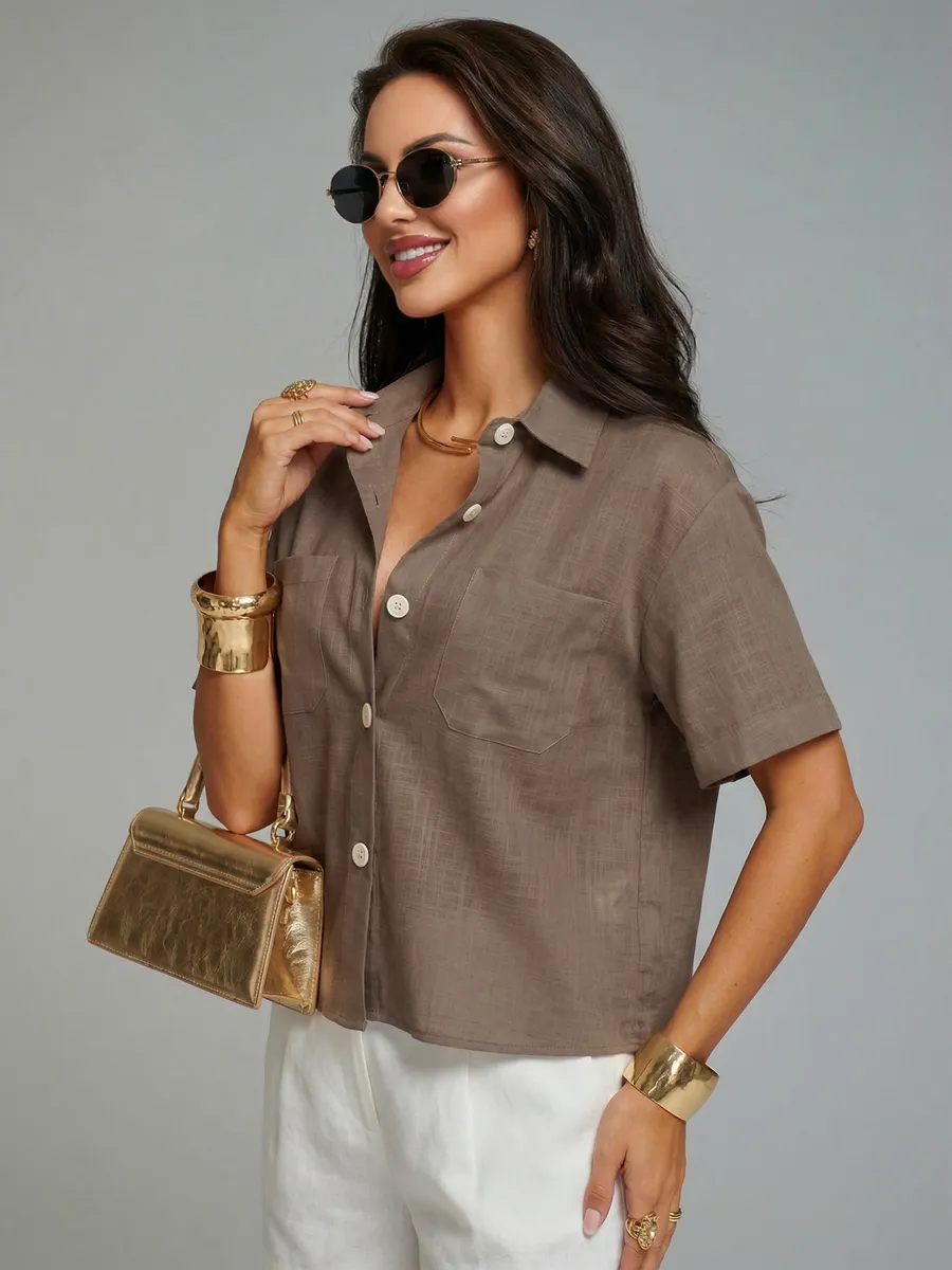 Коричневая офисная рубашка с коротким рукавом