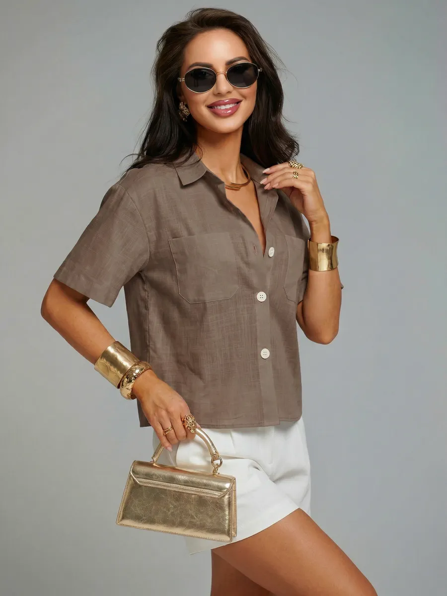 Коричневая офисная рубашка с коротким рукавом