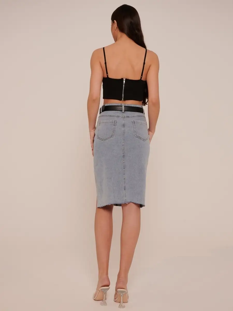 Голубая юбка женская джинсовая с разрезом в офис