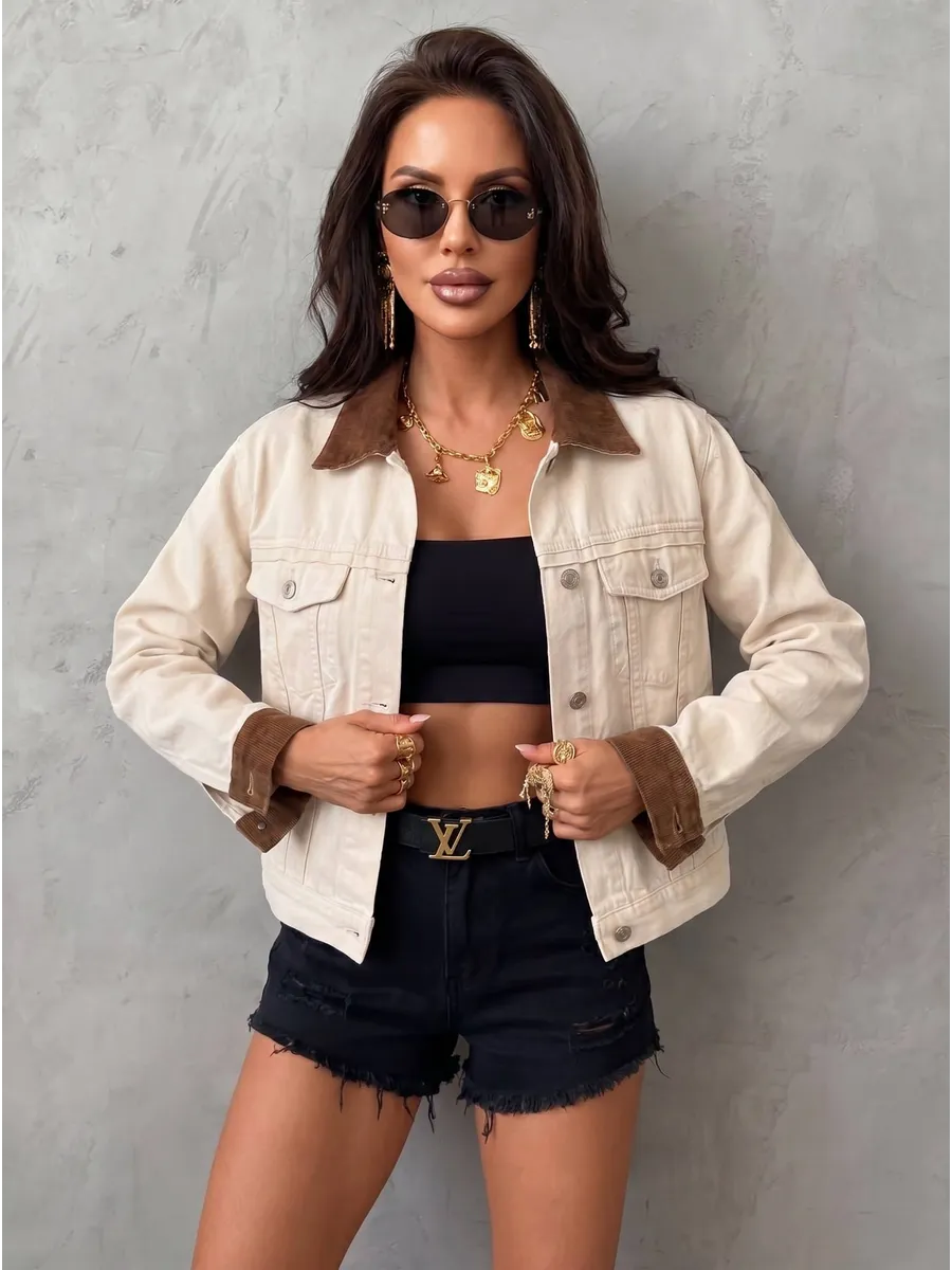 Белая джинсовая куртка рубашка весенняя с вельветовым воротником