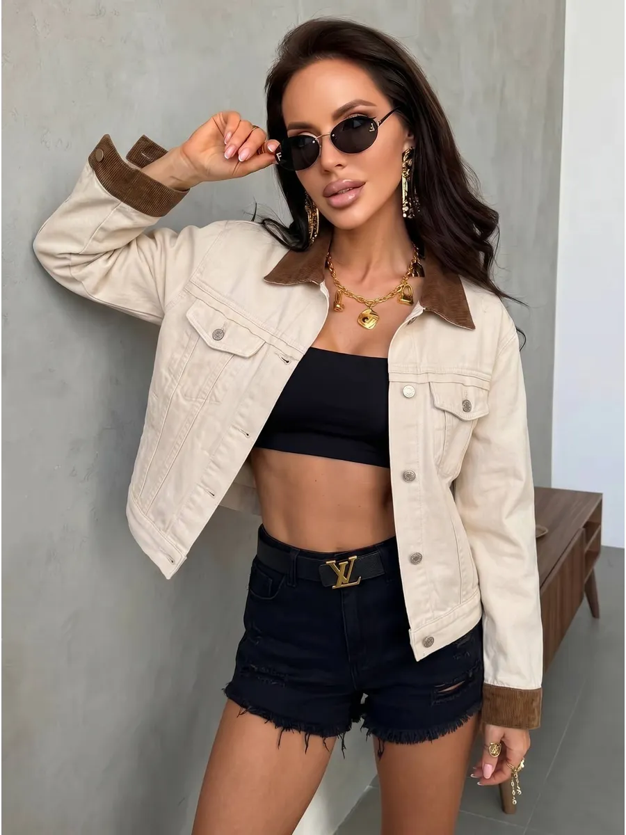 Белая джинсовая куртка рубашка весенняя с вельветовым воротником