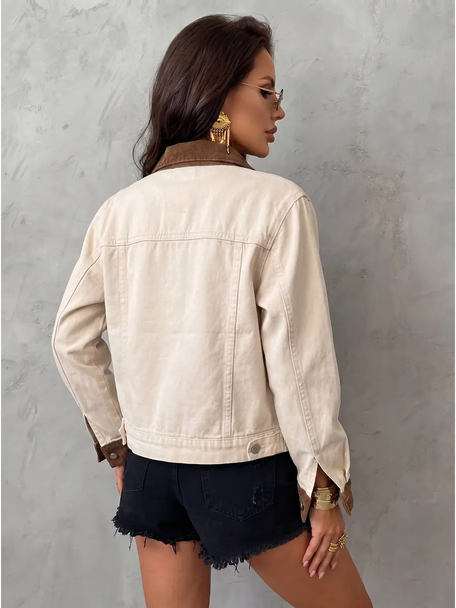 Белая джинсовая куртка рубашка весенняя с вельветовым воротником