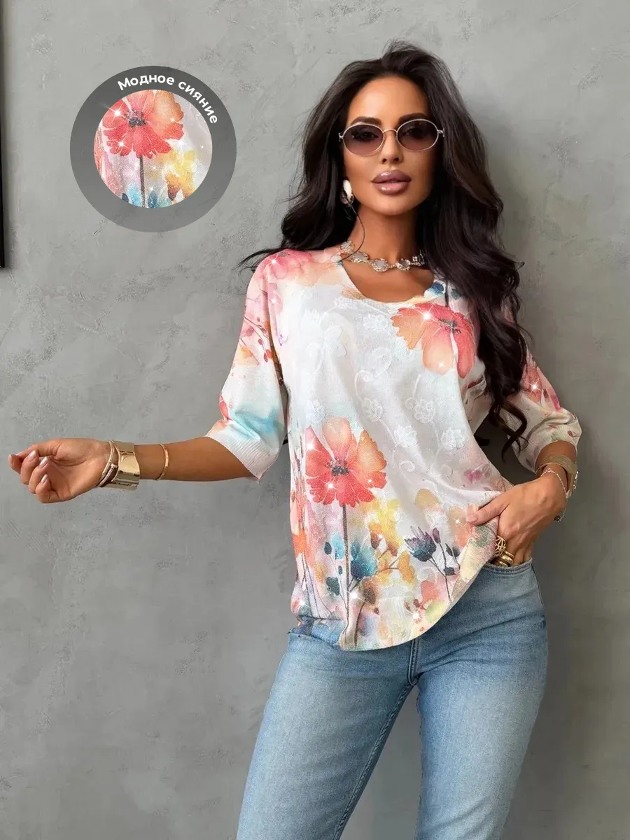 Нарядная кофта больших размеров с принтом