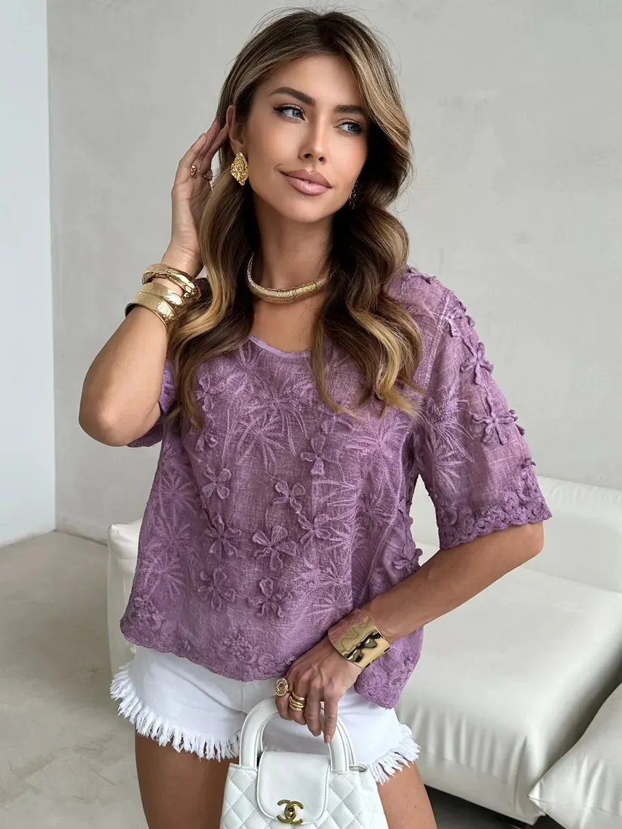 Фиолетовая летняя нарядная блузка с коротким рукавом
