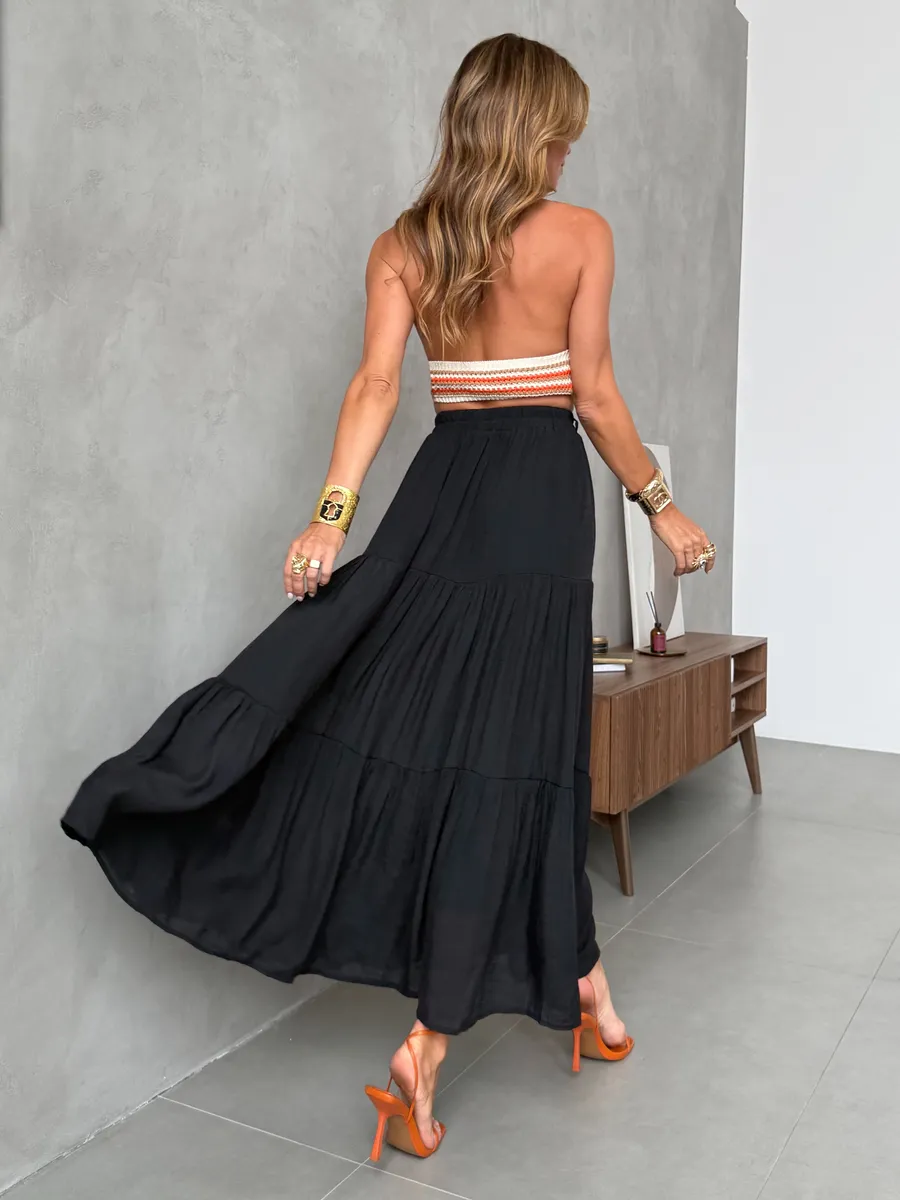 Черная длинная летняя юбка макси ярусная