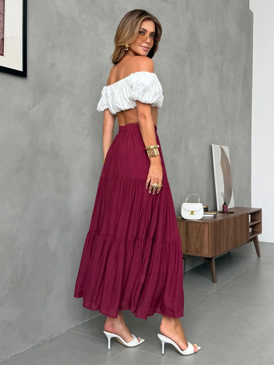 Бордовая длинная летняя юбка макси ярусная