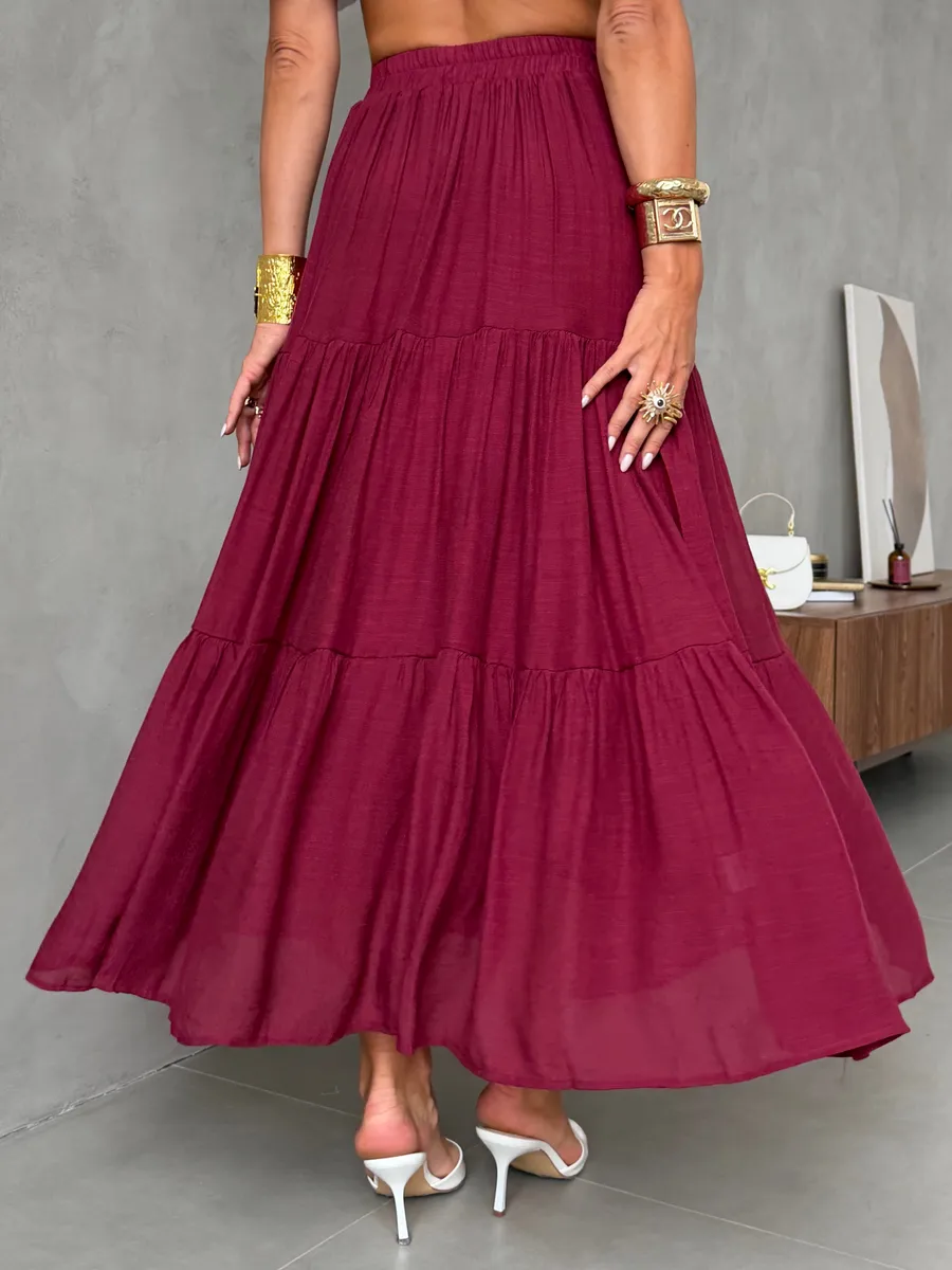 Бордовая длинная летняя юбка макси ярусная
