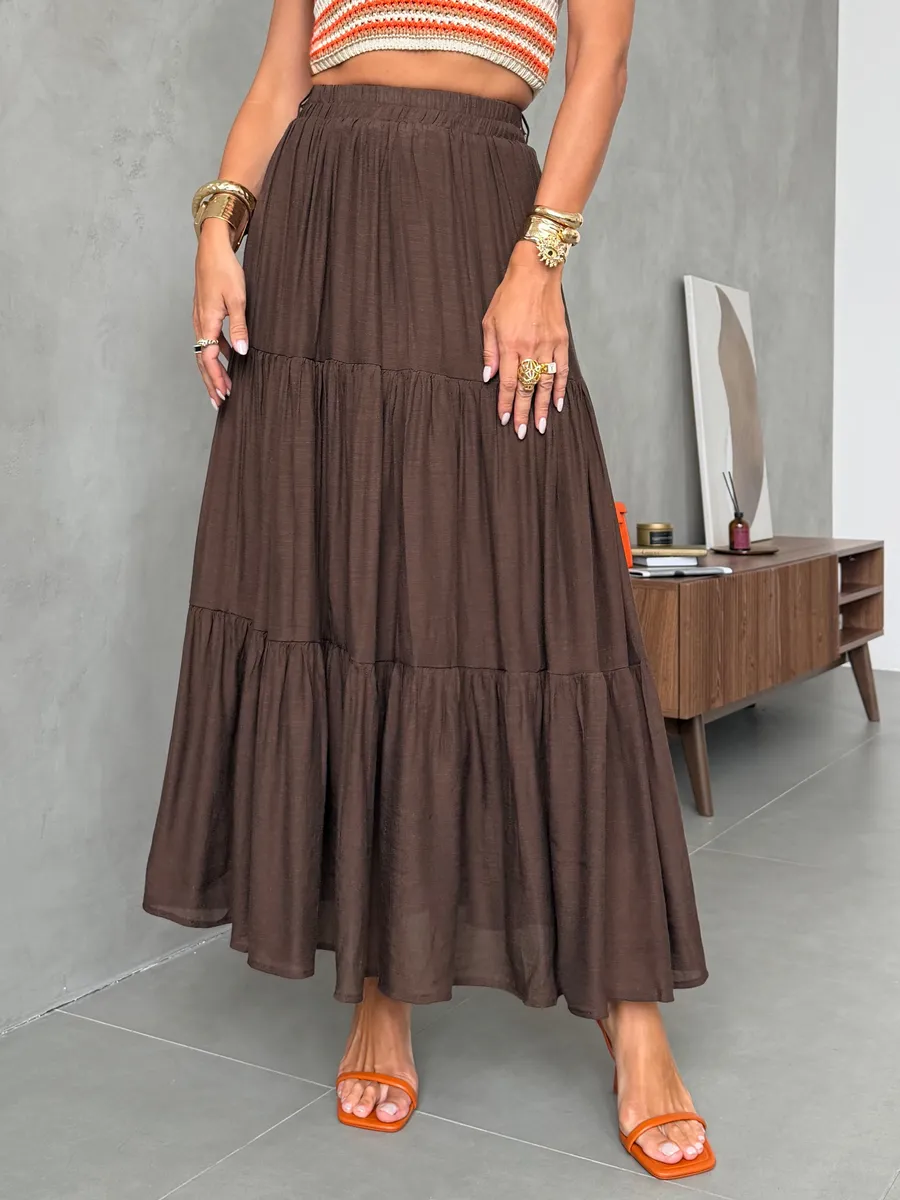 Коричневая длинная летняя юбка макси ярусная