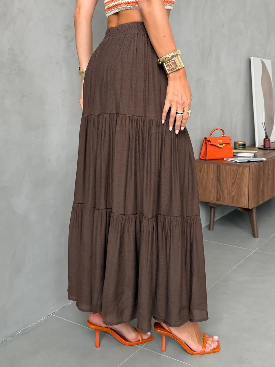 Коричневая длинная летняя юбка макси ярусная