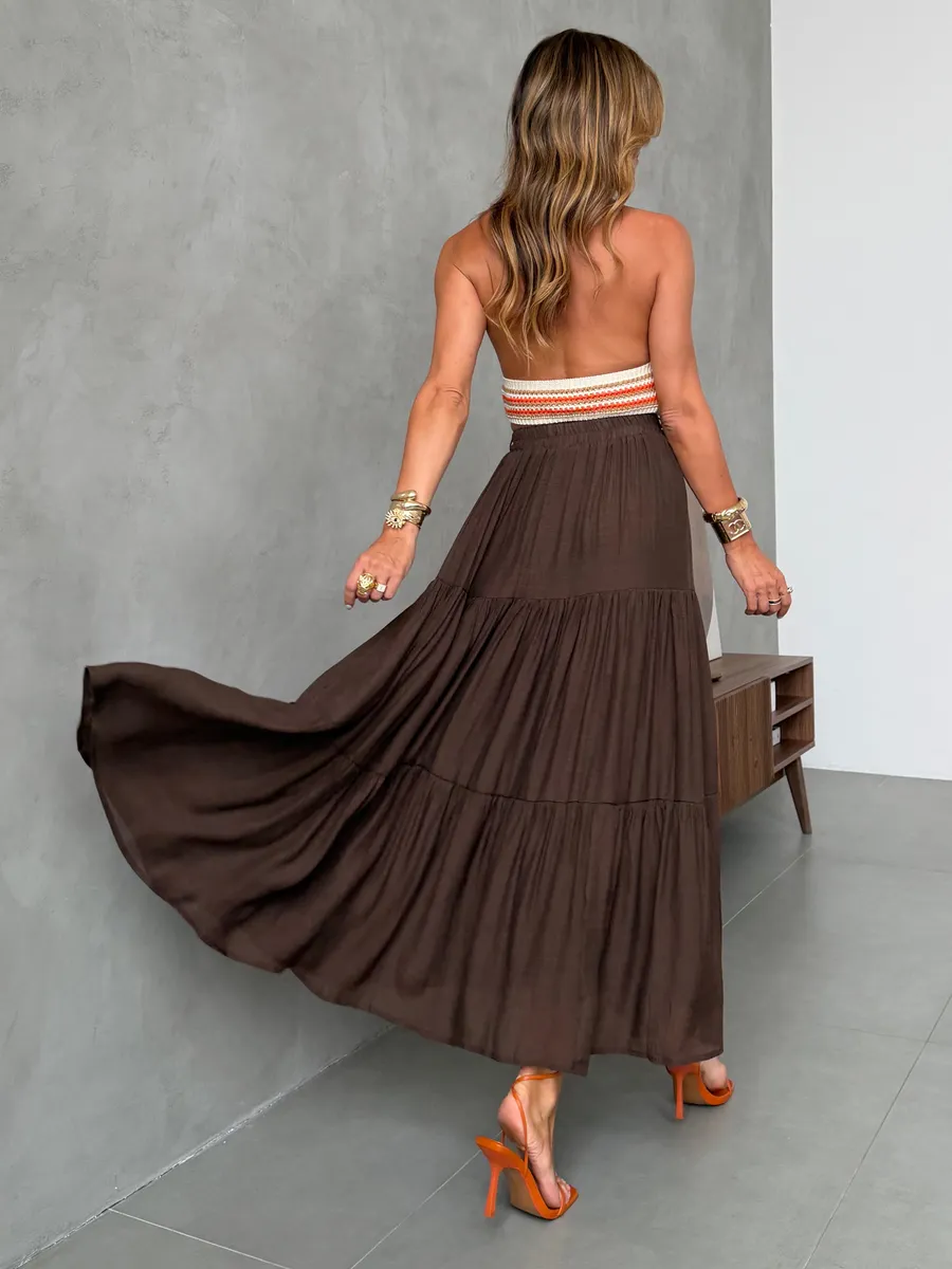 Коричневая длинная летняя юбка макси ярусная