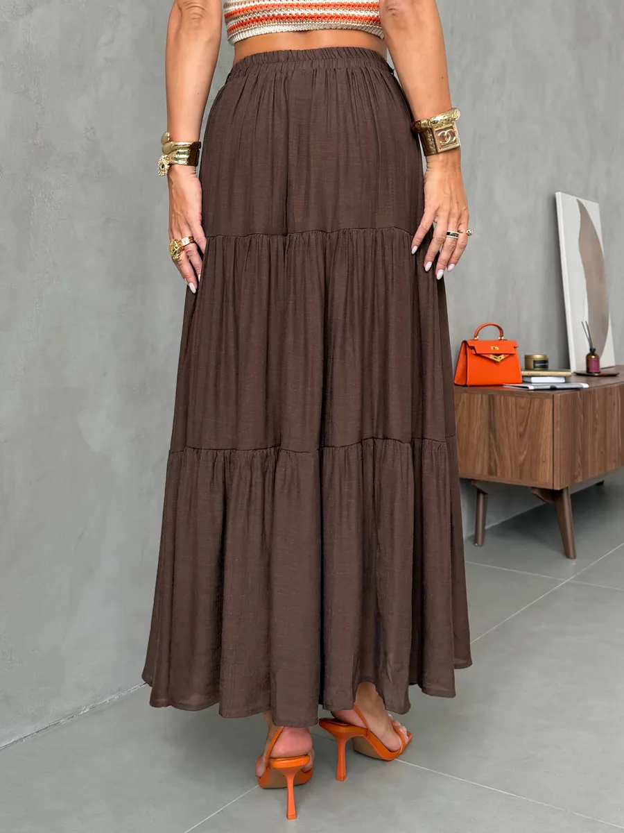 Коричневая длинная летняя юбка макси ярусная