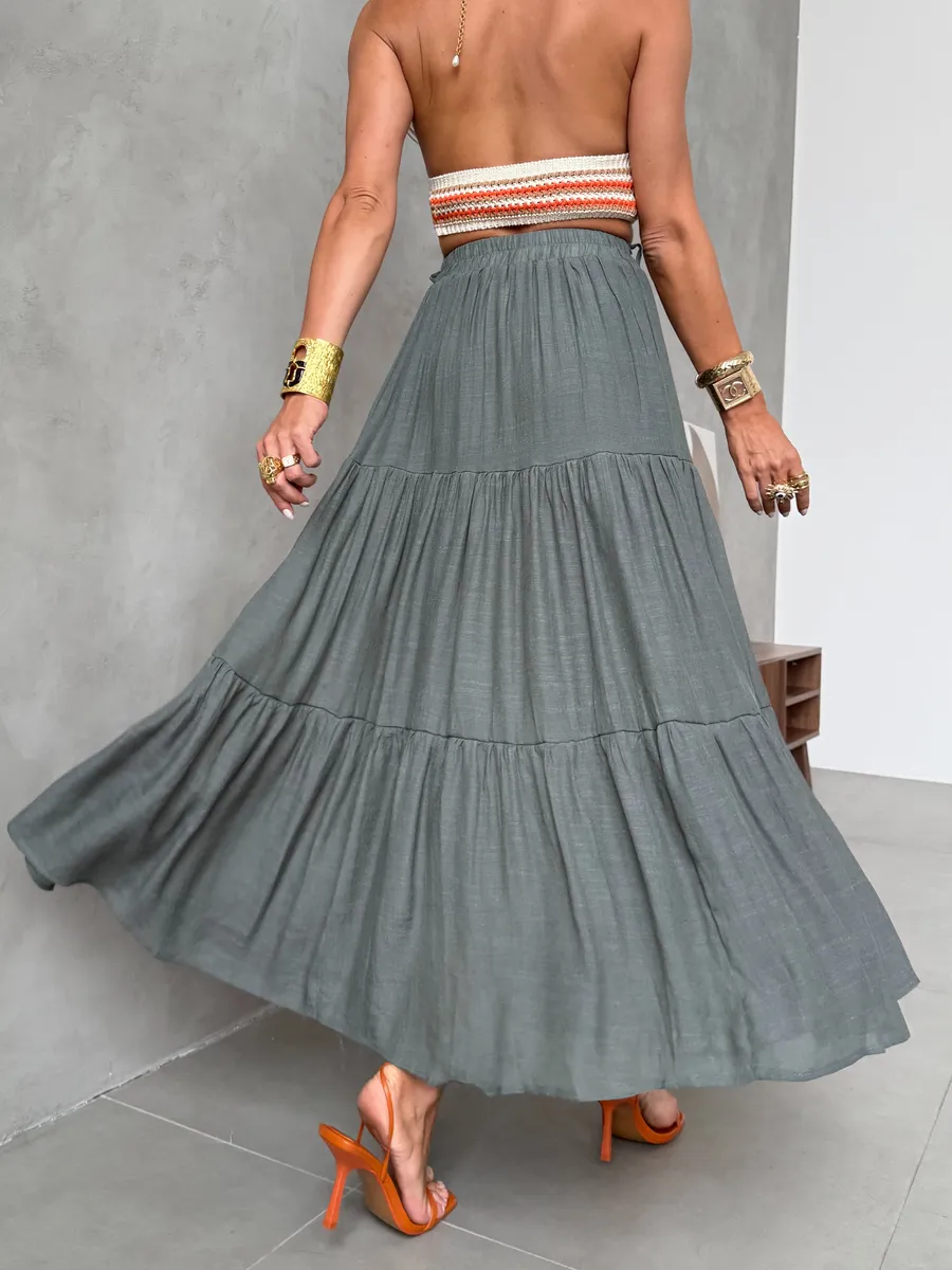 Хаки длинная летняя юбка макси ярусная