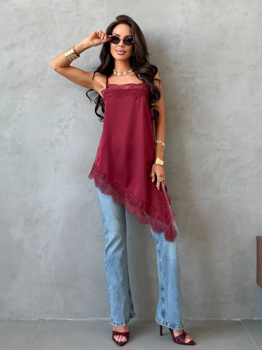 Бордовый атласный вечерний топ удлиненный с кружевом