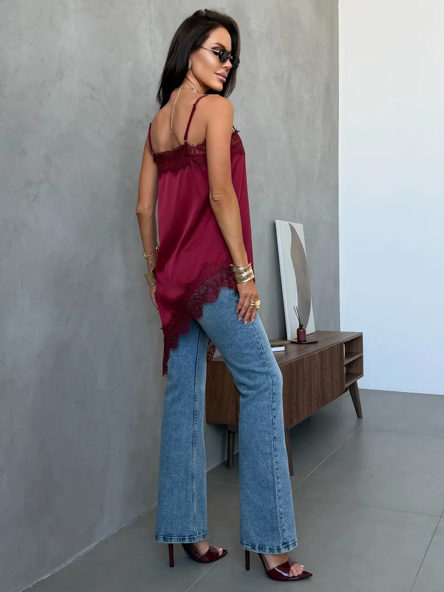 Бордовый атласный вечерний топ удлиненный с кружевом