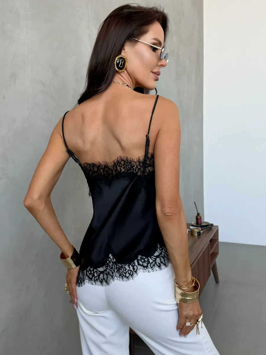 Атласный вечерний топ с кружевом