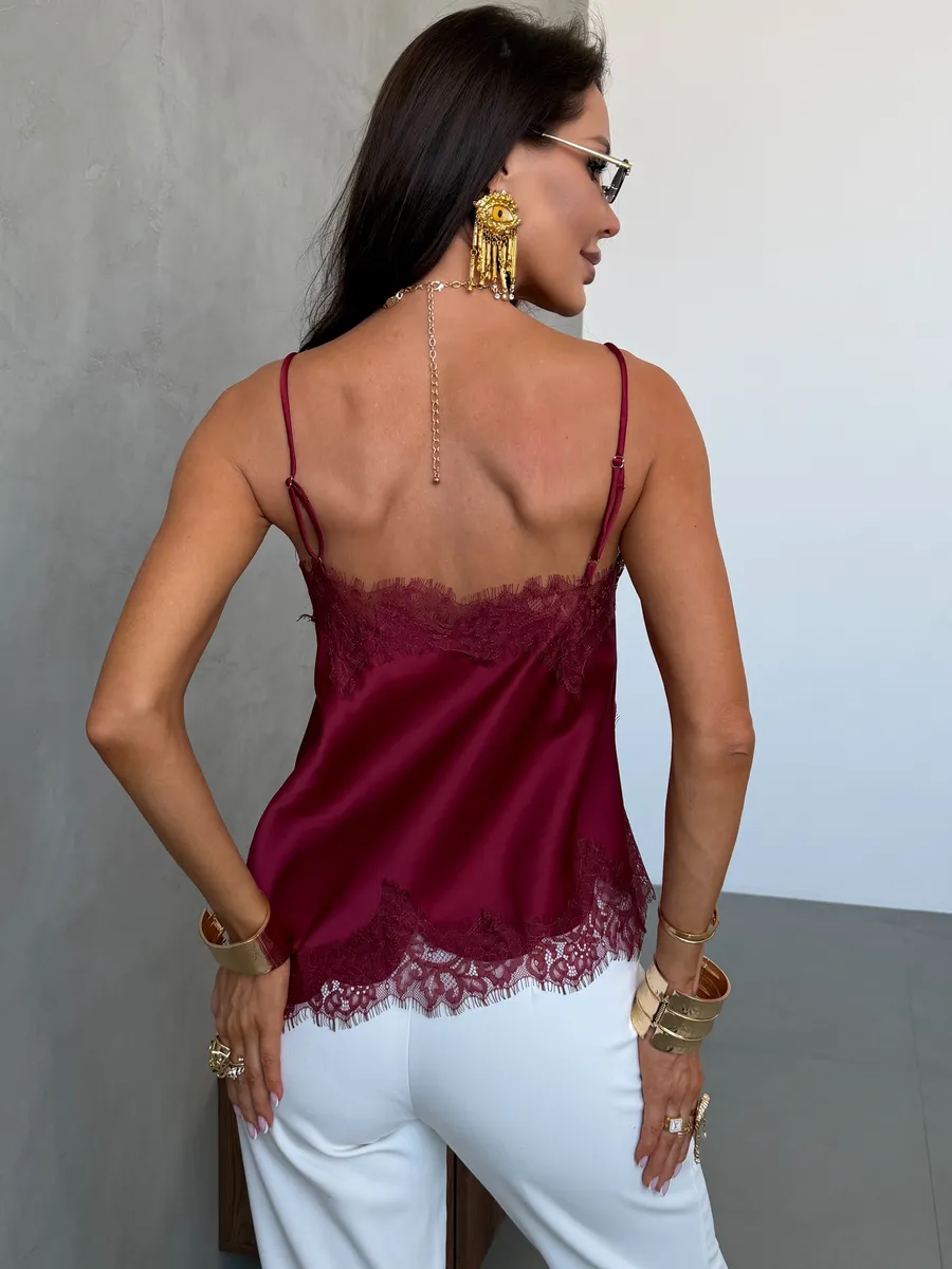 Бордовый атласный вечерний топ с кружевом