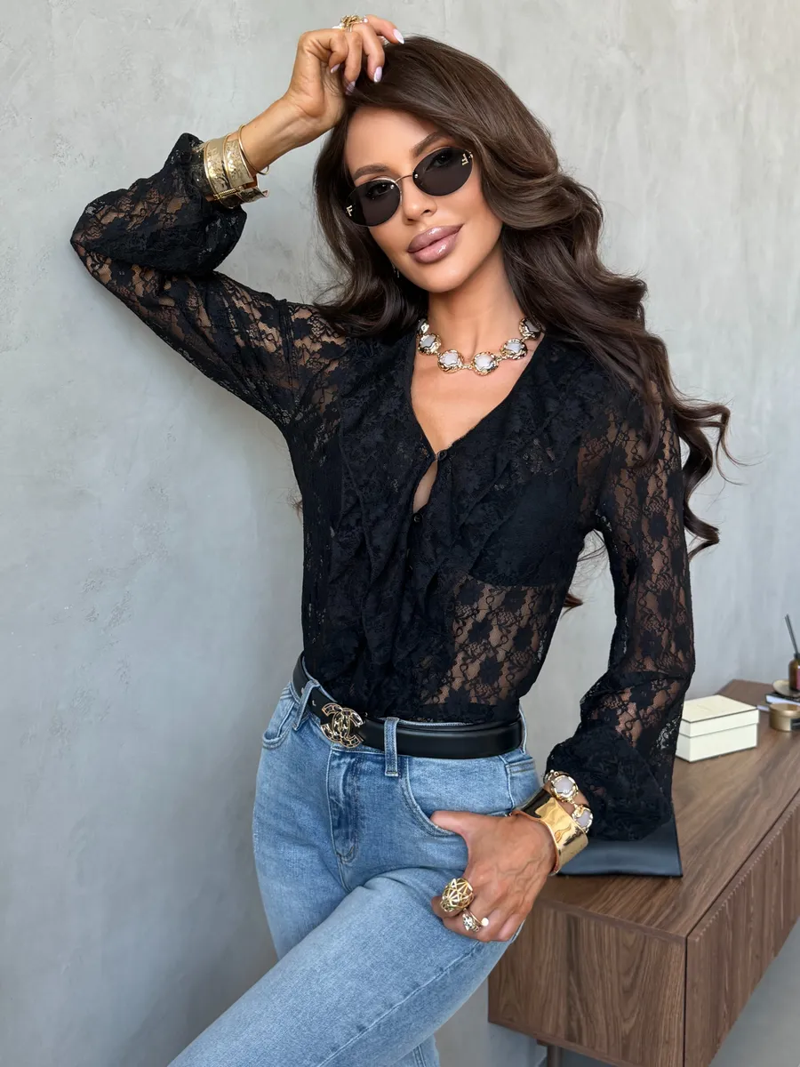 Черная нарядная кружевная блузка праздничная вечерняя