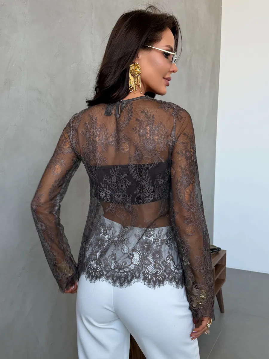 Коричневая нарядная кружевная блузка праздничная вечерняя сетка