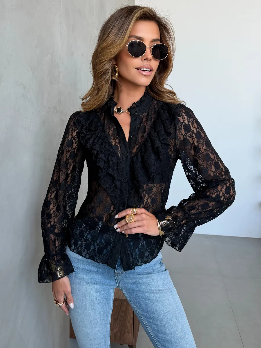 Черная нарядная кружевная блузка офисная праздничная с воланами