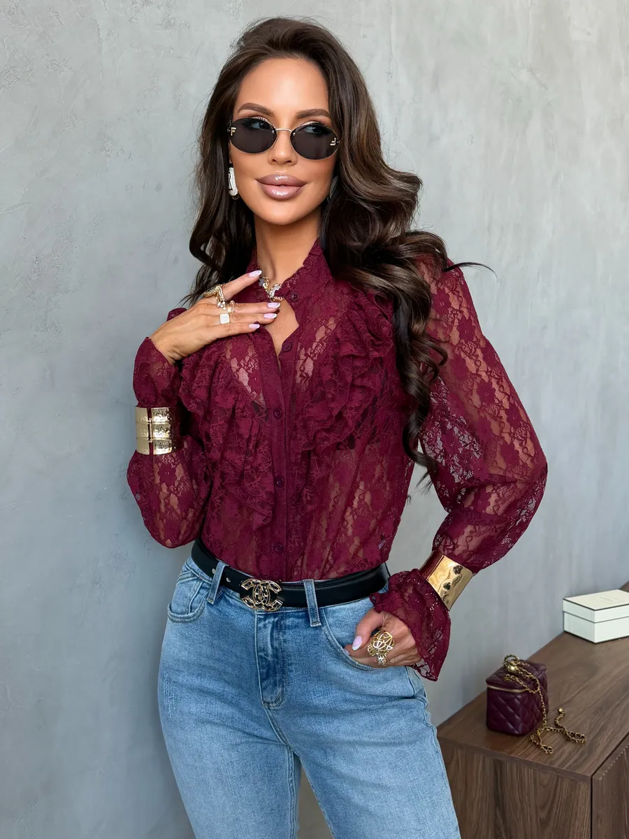 Бордовая нарядная кружевная блузка офисная праздничная с воланами