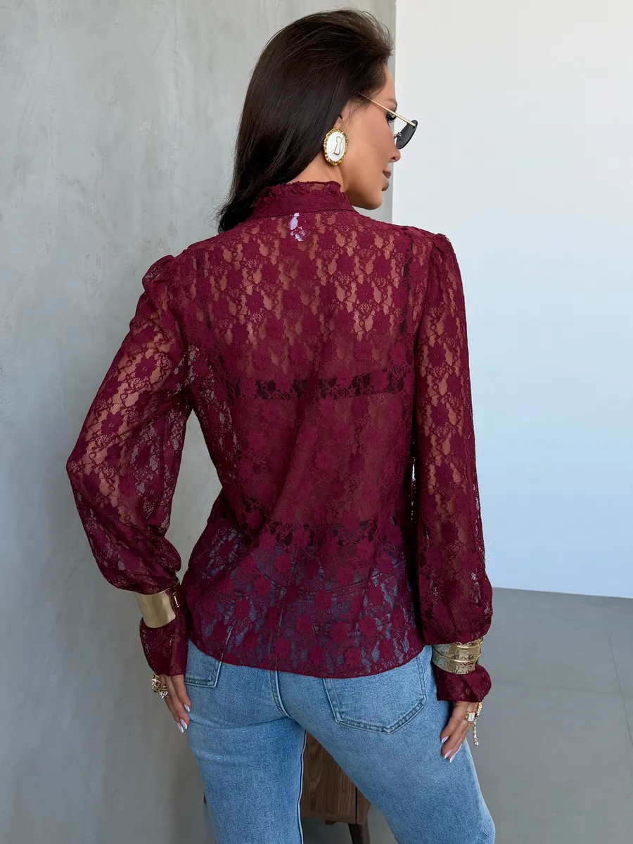 Бордовая нарядная кружевная блузка офисная праздничная с воланами