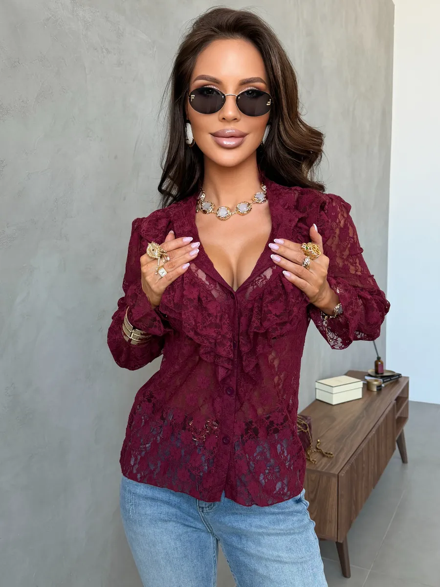 Бордовая нарядная кружевная блузка офисная праздничная с воланами