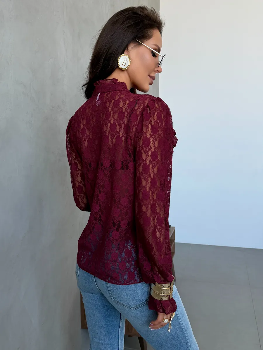 Бордовая нарядная кружевная блузка офисная праздничная с воланами