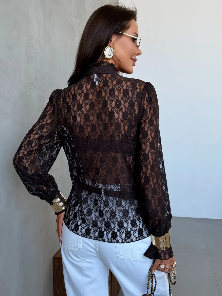 Коричневая нарядная кружевная блузка офисная праздничная с воланами