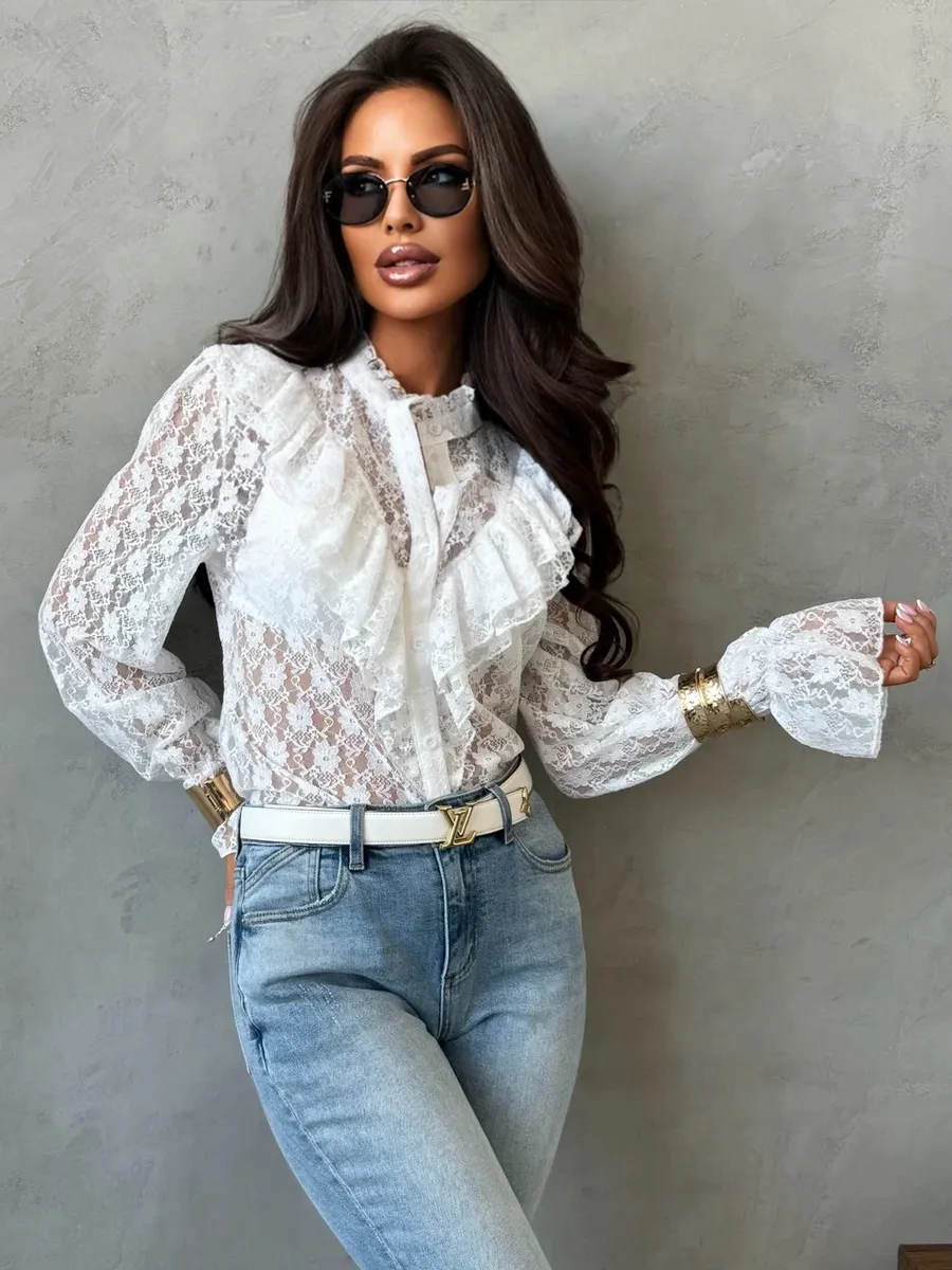 Нарядная кружевная блузка офисная праздничная с воланами