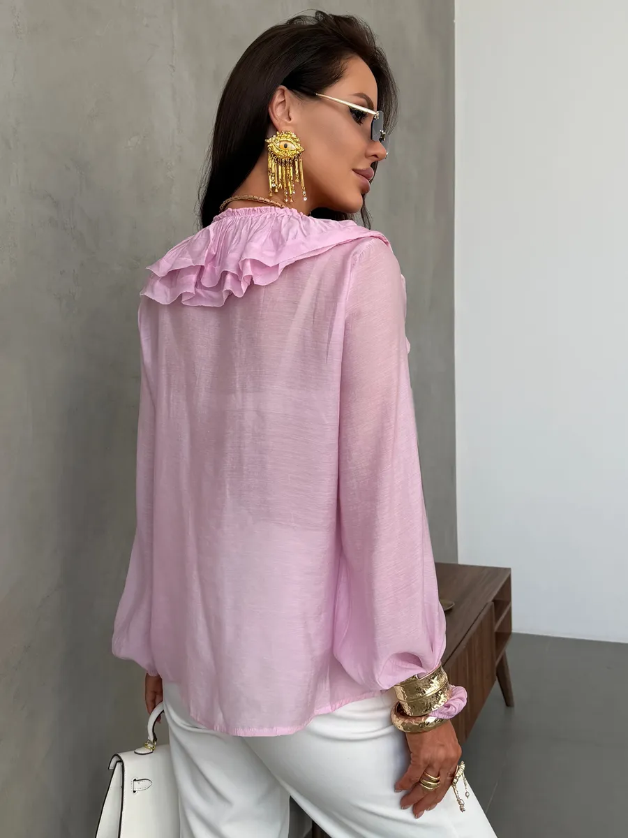 Розовая нарядная праздничная блузка вечерняя офисная с воланами