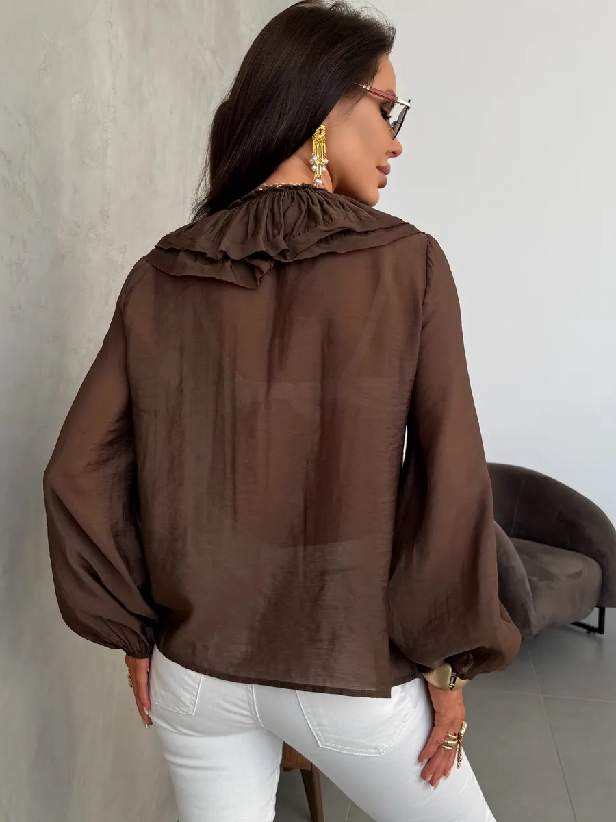 Коричневая нарядная праздничная блузка вечерняя офисная с воланами